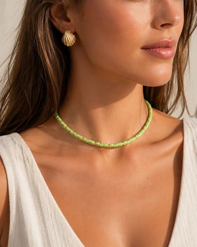 Natural Heishi Gemstone Choker Necklace for Women, Adjustable 15"+2" Beaded Layering Necklace, Coastal Beach Jewelry Gift for Her - color: Imperial Turquoise