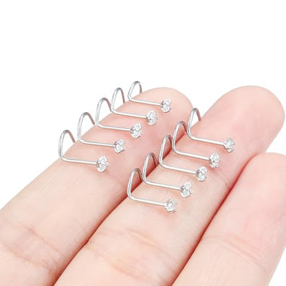 Hoeudjo Nose Studs Surgical Steel Cubic Zirconia Nose Rings Kit for Women Men Tiny Nose Stud Bone & Screw & L Shaped Nostril Piercing Jewelry 24/22/20/18 Gauge 10 Pieces - color: silver-tone,screw nose studs, size: 22g/2mm clear CZ