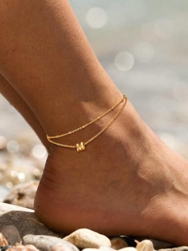 FaithHeart Initial Ankle Bracelets for Women, Waterproof 14k Gold Plated Initial Anklets Non Tarnish Stainless Steel Cute Layered Anklet Summer Beach Jewelry - color: Gold, size: Initial M