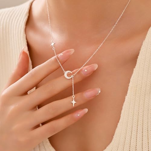Dainty Crescent Moon Star Necklace for Women 925 Sterling Silver Y Shape Drop Lariat Necklace Trendy Pendant Choker Necklace Jewelry Birthday Ramadan Mothers Day Jewelry Gifts - color: Silver