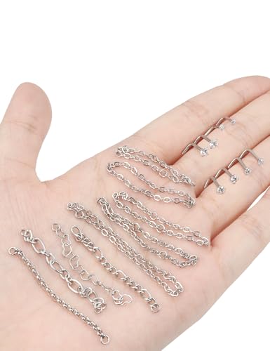 20/18G Nose Rings Chain Across Nose Piercings for Women Men Surgical Steel Double Chains Corkscrew l Shaped Bar - size: L Shape, 18g(1.0mm)