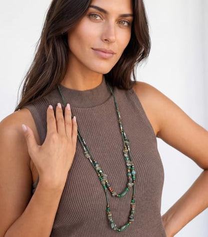 Noessla Boho Long Beaded Necklaces for Women Double Layer Chunky Irregular Stone Beads Strand Statement Jewelry Mothers Day Gifts - color: Dark Green