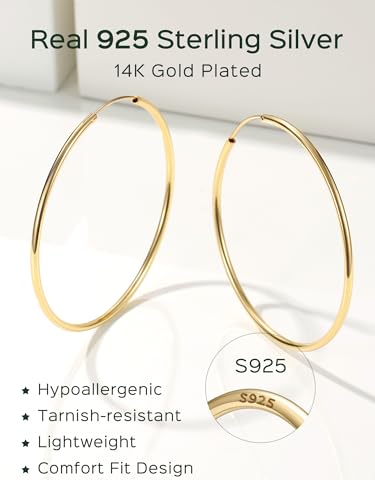 ChicSilver 925 Sterling Silver Hoop Earrings for Women Hypoallergenic, Lightweight Large Gold Plated Silver Hoop Earrings, Endless Hoops Earring 20/30/40/50/60/70MM - color: A. High Polished Gold, size: 60mm