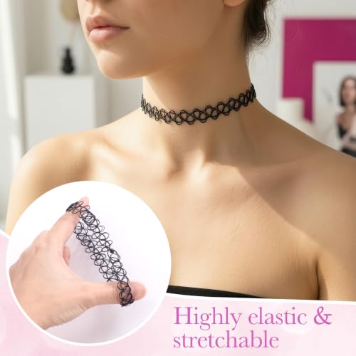 PAGOW Tattoo Choker Set, Stretchy 90s Choker Necklace, Adjustable Retro Y2K Gothic Grunge Chokers Jewelry Accessories - color: Black,12Pcs