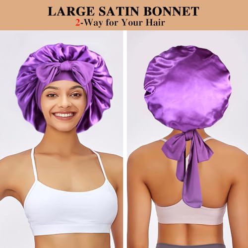 2+3 Large Satin Bonnets with Scrunchies for Women, Hair Bonnet Sleeping Tie Bonnet for Braids Curly Hair - color: E - Black, Purple