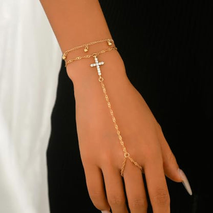 14K Gold Plated Paperclip Finger Chain Bracelet for Women | Adjustable Stackable Cubic Zirconia Hand Chain, Mother Daughter Birthday Wedding Jewelry Gifts - color: Gold-B