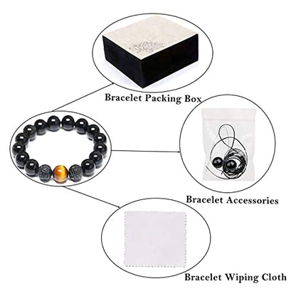 Black Obsidian Bracelet,Feng Shui Black Obsidian Wealth Bracelet for Women Men Couples Handmade Stretch Obsidian Bracelet Bangle with Carved Pixiu Tiger Eye Stone Attract Wealth Money and Good Luck - color: E,10mm,Yellow Tiger Eye