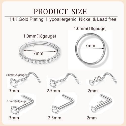 8PCS Titanium Nose Rings Stud, Gold Nose Ring for Women Men Hypoallergenic Nostril Hoops L Shape Nose Studs Corkscrew CZ Nose Piercing Jewelry Silver 18G & 20G Nose Ring Studs 2/2.5/3mm - style: 8PCS -Silver