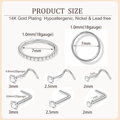 8PCS Titanium Nose Rings Stud, Gold Nose Ring for Women Men Hypoallergenic Nostril Hoops L Shape Nose Studs Corkscrew CZ Nose Piercing Jewelry Silver 18G & 20G Nose Ring Studs 2/2.5/3mm - style: 8PCS -Silver