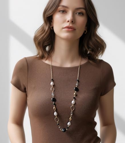 Long Gold Necklaces for Women Trendy Beaded Chain Necklace Chunky Costume Jewelry Gifts for Her - color: Black Agate