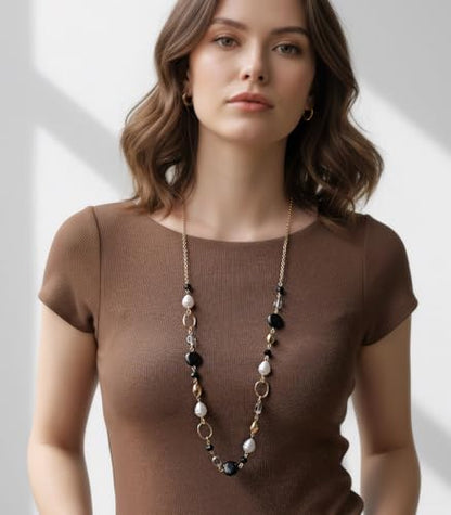 Long Gold Necklaces for Women Trendy Beaded Chain Necklace Chunky Costume Jewelry Gifts for Her - color: Black Agate