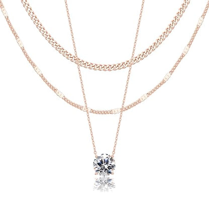 WomenGifts Layered Gold Necklaces for Women, 14K Gold Sterling Silver Plated Dainty Pendant Necklace Set Non Tarnish, Chunky Stackable Cuban Chain Choker, Trendy Birthstone Vacation Jewelry Gift - color: Rose Gold, style: Cubic Zirconia