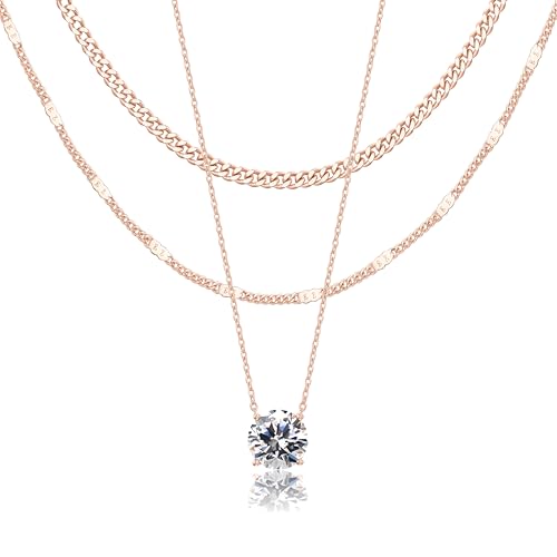 WomenGifts Layered Gold Necklaces for Women, 14K Gold Sterling Silver Plated Dainty Pendant Necklace Set Non Tarnish, Chunky Stackable Cuban Chain Choker, Trendy Birthstone Vacation Jewelry Gift - color: Rose Gold, style: Cubic Zirconia