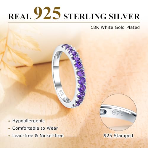 Bezel Set Birthstone Wedding Band 14K Gold Sterling Silver Stackable Half Eternity Band Rings 2.5mm Wide Ruby/Amethyst/Sapphire/Emerald Green/Aquamarine Ring for Women, Send Gift Box - style: 02-Created Amethyst
