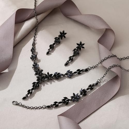 EVER FAITH Crystal Flower Wedding Prom Jewelry Set for Bride Bridesmaid | Rhinestone Costume Party Y-Shaped Necklace Dangle Earrings Bracelet, for Women - color: Black Black-Tone