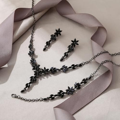 EVER FAITH Crystal Flower Wedding Prom Jewelry Set for Bride Bridesmaid | Rhinestone Costume Party Y-Shaped Necklace Dangle Earrings Bracelet, for Women - color: Black Black-Tone