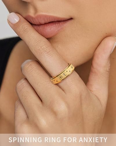 Fidget Toys Adults Anxiety Ring Women Men Stress Relief Band Spinner Sun | Celestial Sun Moon Star Stainless Steel Band Hollowed Sandblasted Surface 6mm Width18K Gold Silver Size 6-10 Unisex - color: Gold, size: Size 9