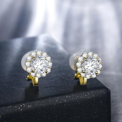 Clip on Earrings Women, 14K Gold Hoop Clip-On Earrings for Women, Hypoallergenic Non Pierced Croissant Earrings - color: Gold Cubic Zirconia
