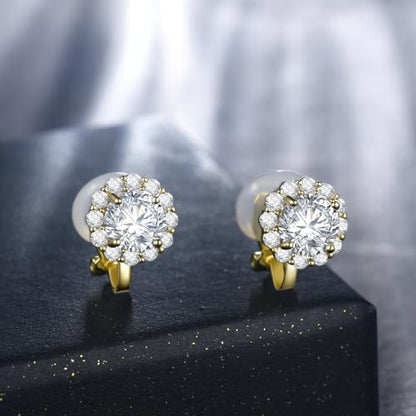 Clip on Earrings Women, 14K Gold Hoop Clip-On Earrings for Women, Hypoallergenic Non Pierced Croissant Earrings - color: Gold Cubic Zirconia