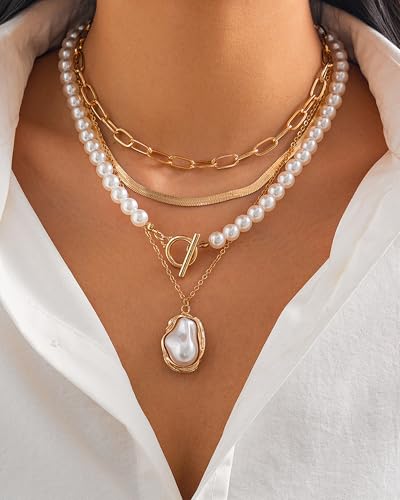 Gold Layered Necklaces for Women Chunky Layered Gold Necklaces Stacked Paperclip Chain Pearl Necklace Herringbone Toggle Clasp Choker Trendy Statement Jewelry Gifts - color: A9:chunky gold necklaces