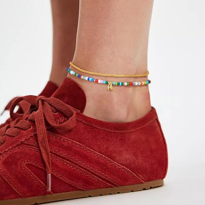 KissYan Initial Ankle Bracelets for Women | Layered Colorful Beaded Anklet with 14K Gold Chain, Waterproof Dainty Jewelry Gift for Summer Beach - style: M