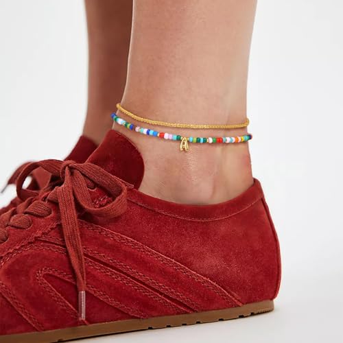 KissYan Initial Ankle Bracelets for Women | Layered Colorful Beaded Anklet with 14K Gold Chain, Waterproof Dainty Jewelry Gift for Summer Beach - style: K