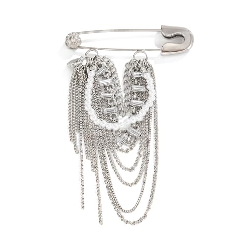 Fashionable Retro Alloy Brooch with Faux Pearls and Long Chains Statement Clothing Accessory for Women Vintage Stone Brooch