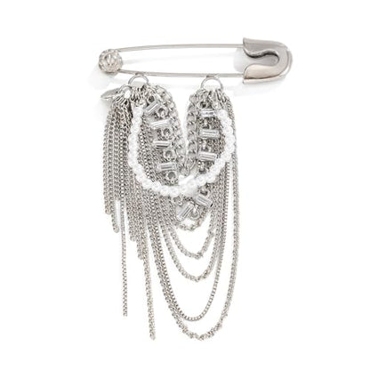 Fashionable Retro Alloy Brooch with Faux Pearls and Long Chains Statement Clothing Accessory for Women Vintage Stone Brooch
