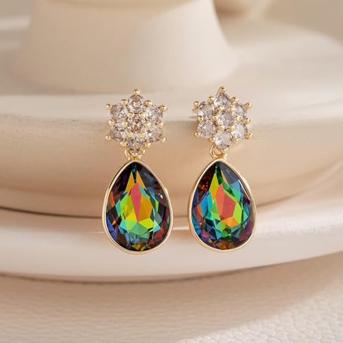 Elegant Austrian Crystal Teardrop Dangle Earrings for Women,14K Gold Plated Flower Drop Earrings Jewelry Gift for Birthday Wedding Anniversary - color: Vitrail Medium