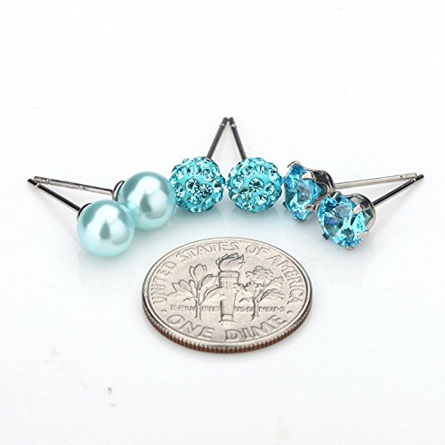 JewelrieShop Birthstone Studs Earring Set Cubic Zirconia Rhinestones Crystal Ball Faux Pearl Stainless Steel Stud Earrings for Women Jewelry Gift (6mm Round,3 Pairs) - color: 12) Dec. - Lake Blue