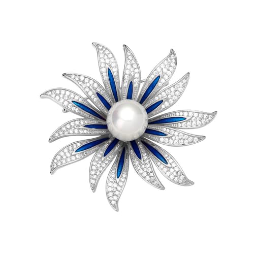 Elegant Sunflower CZ White Pearl Blue Enamel Brooch Lapel Pins for Women Dainty Sparkly Crystal Flower Brooches Pin Fashion Jewelry for Party Banquet Dress Suit Ceremony Clothes Accessories Gifts for Her Thanksgiving - color: Silver