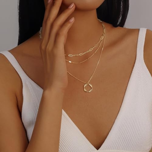 Evabelle Gold Layered Necklace for Women Trendy Jewelry 14K Real Gold Plated Chunky Chain Stackable Necklaces Dainty Choker Necklaces Rectangle Square Pendant - color: Gold Necklace 26