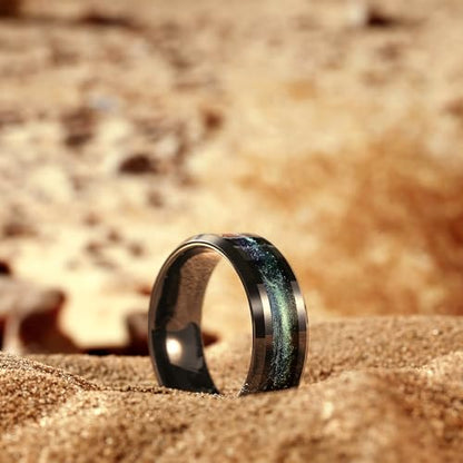 King Will Mens Galaxy Tungsten Wedding Band | 6mm/8mm, Beveled Edge, Comfort Fit, Durable, Sandstone Opal Inlay Polished, Everyday Wear - color: Blue Green-8mm