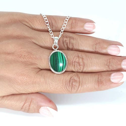 Chunky Natural Gemstone Pendant Necklace For Women Onyx, Turquoise, Amber, Garnet Oval Boho Genuine 925 Sterling Silver Handmade Jewelry - color: Malachite