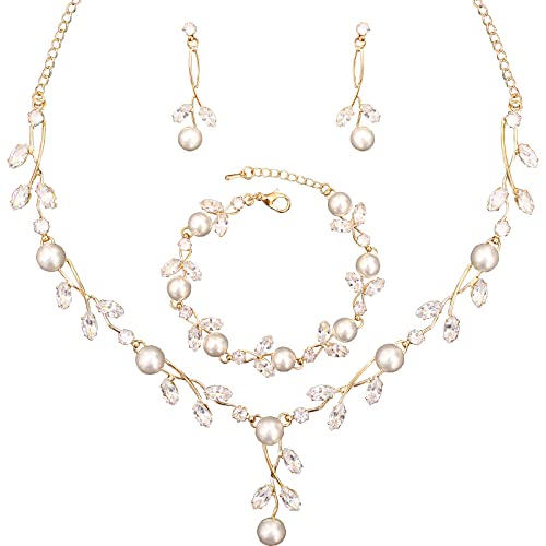 Luxury Cubic Zirconia Aurtrian Crystal Pearl Floral Necklace Dangle Earrings Wedding Bridal Jewelry Set Birthday Gifts for Her - color: Style2-Clear-Gold Plated