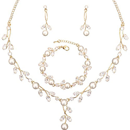 Luxury Cubic Zirconia Aurtrian Crystal Pearl Floral Necklace Dangle Earrings Wedding Bridal Jewelry Set Birthday Gifts for Her - color: Style2-Clear-Gold Plated