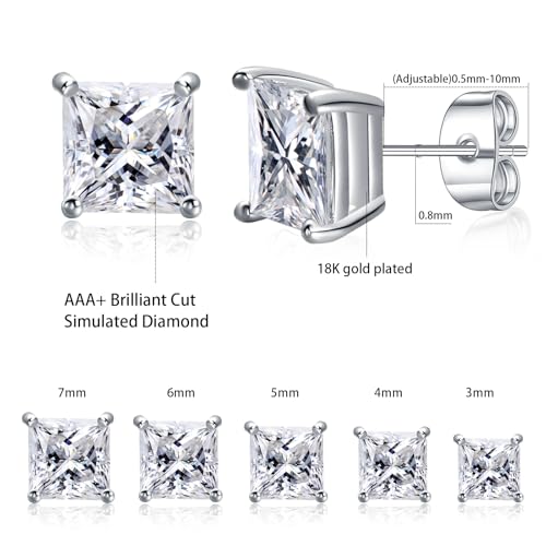 Gemsme 5 Pairs Princess Cut Cubic Zirconia Stud Earrings for Women/Men - 18K Gold Plated Hypoallergenic 3-7mm Square Clear CZ Earring Set - color: White Gold-Princess Cut