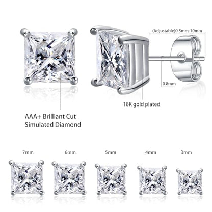 Gemsme 5 Pairs Princess Cut Cubic Zirconia Stud Earrings for Women/Men - 18K Gold Plated Hypoallergenic 3-7mm Square Clear CZ Earring Set - color: White Gold-Princess Cut