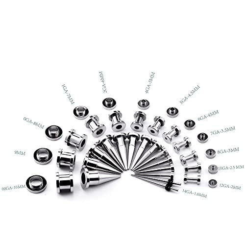 36PCS Ear Gauge Stretching Kit Stainless Steel Double Flare Alloy Tapers 3 In 1 Plugs Set Eyelet 14G-00G - color: (1.6-10mm)-Silver-Screw Fit