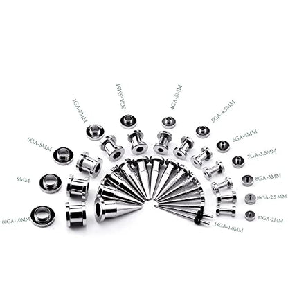 36PCS Ear Gauge Stretching Kit Stainless Steel Double Flare Alloy Tapers 3 In 1 Plugs Set Eyelet 14G-00G - color: (1.6-10mm)-Silver-Screw Fit