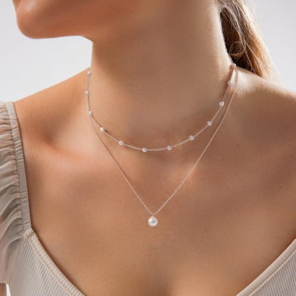 HERIER Gold Jewelry Set for Women - Dainty 14K Gold/Silver Plated Pearl Choker Necklace, Drop Earrings & Bracelets - Wedding Trendy Pearl Jewelry Gift - color: Satellite Pearl Set-Silver