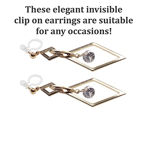 Drop Cubic Zirconia Invisible Clip On Earrings for Women Not Pierced Gold Teardrop Sqaure CZ Crystal Dangle Gold Silver Comfortable Clip On Earrings Bridal Wedding Prom - color: Diamond Gold