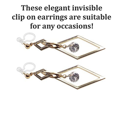 Drop Cubic Zirconia Invisible Clip On Earrings for Women Not Pierced Gold Teardrop Sqaure CZ Crystal Dangle Gold Silver Comfortable Clip On Earrings Bridal Wedding Prom - color: Diamond Gold