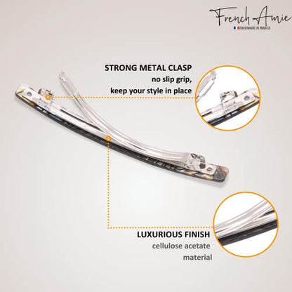 French Amie Long and Thin Onyx Large 4 Inch Hair Clip Barrette | Handmade Automatic For Girls Women Teens Adults Everyday Style - color: Onyx