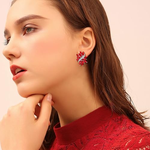 EVER FAITH Sparkly Rhinestone Clip-on Earrings for Women Bride, Fashion Marquise Crystal Cluster Wedding Bridal Stud Earring for Prom Formal Party - color: Red Silver-Tone