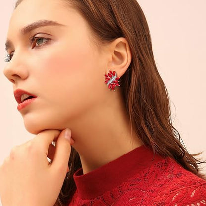 EVER FAITH Sparkly Rhinestone Clip-on Earrings for Women Bride, Fashion Marquise Crystal Cluster Wedding Bridal Stud Earring for Prom Formal Party - color: Red Silver-Tone