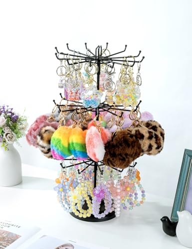 MyGift Black Metal Rotating 3-Tier Jewelry Stand with 36 Hooks | 360° Spinning Display Organizes Necklaces, Bracelets & Keychains with Top Card Holder for Retail or Vanity Use - color: Black (3 Tier)
