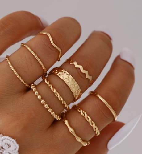iF YOU 25 Pcs Gold Stackable Ring Set for Women, Chunky Knuckle Finger Midi Rings, Silver Simple Stacking Cute Rings Pack Trendy Stuff Jewelry Gift - style: 24 Gold pearl heart rings