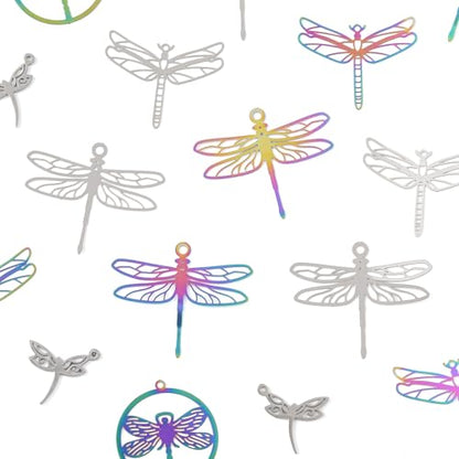 8-64Pcs Silver Goldern Color Heart Pendants Charms 10 Styles Heart Stainless Steel Metal Charms for Jewelry Making Crafting Necklaces Bracelets Earrings Keychains Birthday Gift - color: Colorful Dragonfly-24 pcs