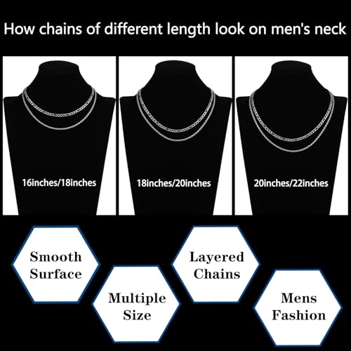 Layered Stainless Steel Chain Necklaces for Men Boys, 2Pcs Cuban Link/Rope/Herringbone Chains Jewelry Gifts, 16 "/18 ", 18 "/20 ", 20 "/22 ", 22 "/24 " - color: Black, size: 20IN/22IN, style: Figaro/ Rope Chain Set